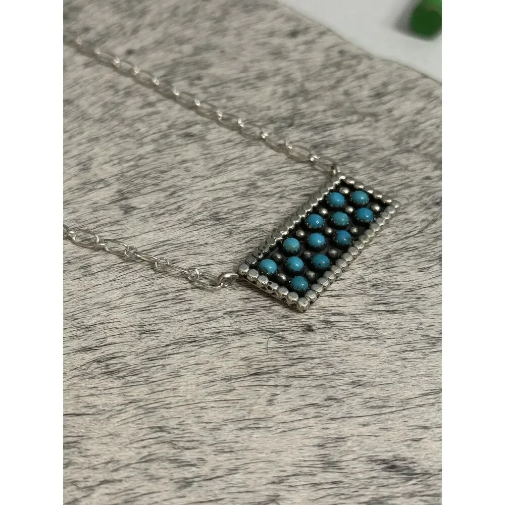 Native Navajo Handmade Sterling Kenny Longjose Kingman Turquoise Bar Necklace - Picture 4 of 10